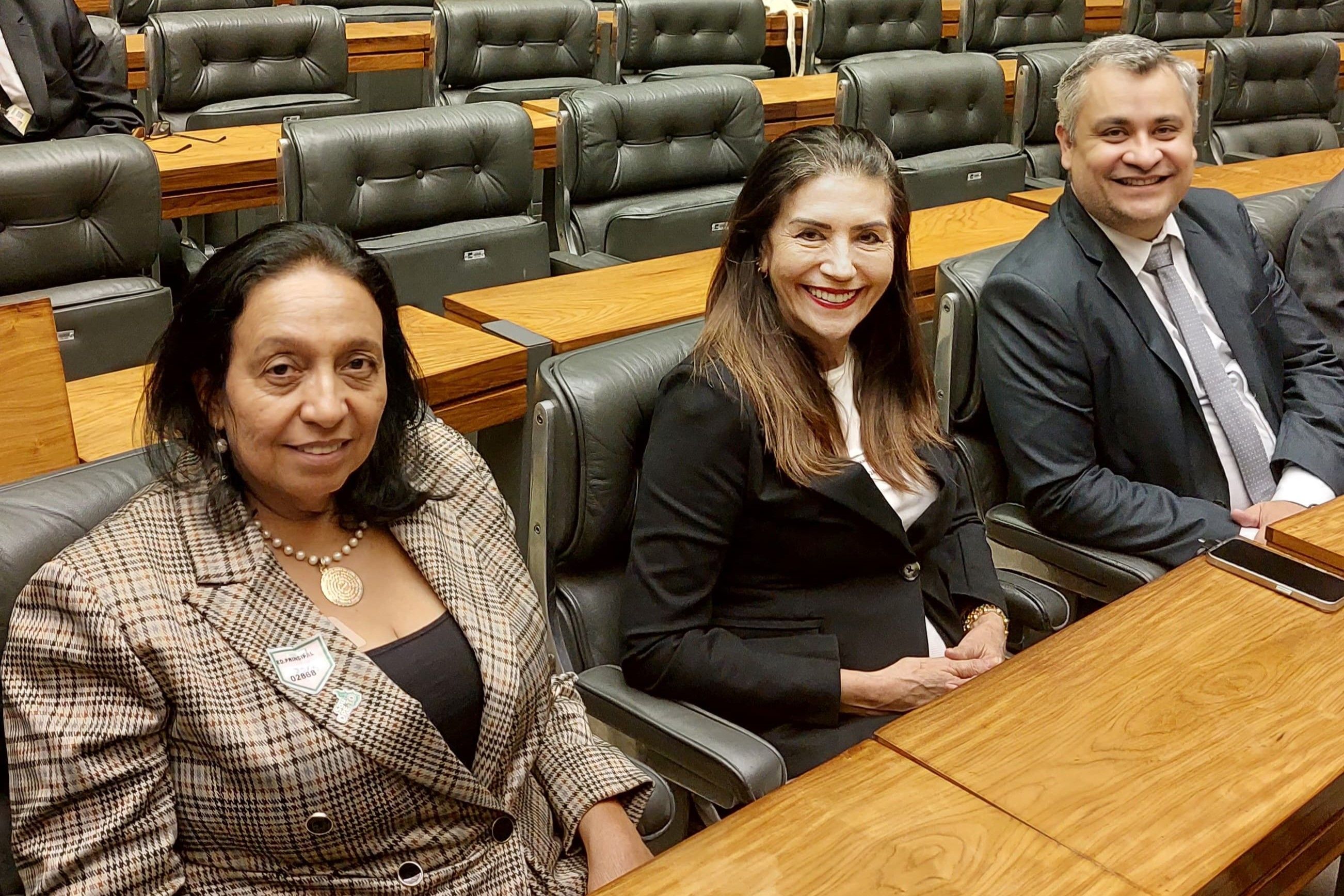 Pedro Alexandre com as defensoras públicas Leilamar Maurílio (E) e Maria do Carmo Cota na sessão da Câmara Federal