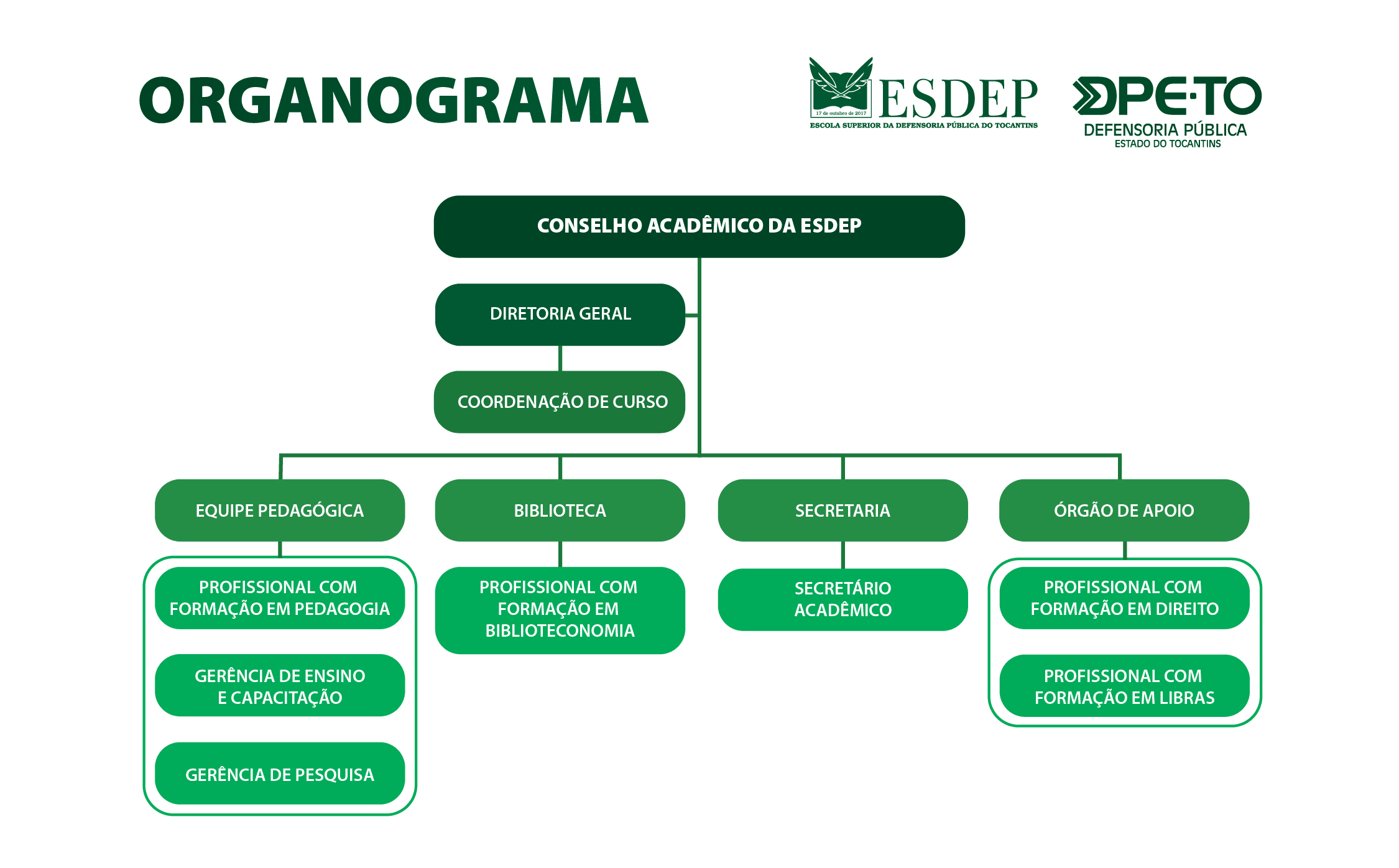 Em uma visão gráfica, a Esdep é organizada seguindo a seguinte cadeia hierárquica: Conselho Acadêmico; Diretoria Geral; e Equipe Pedagógica, Biblioteca, Secretaria e Órgão de Apoio