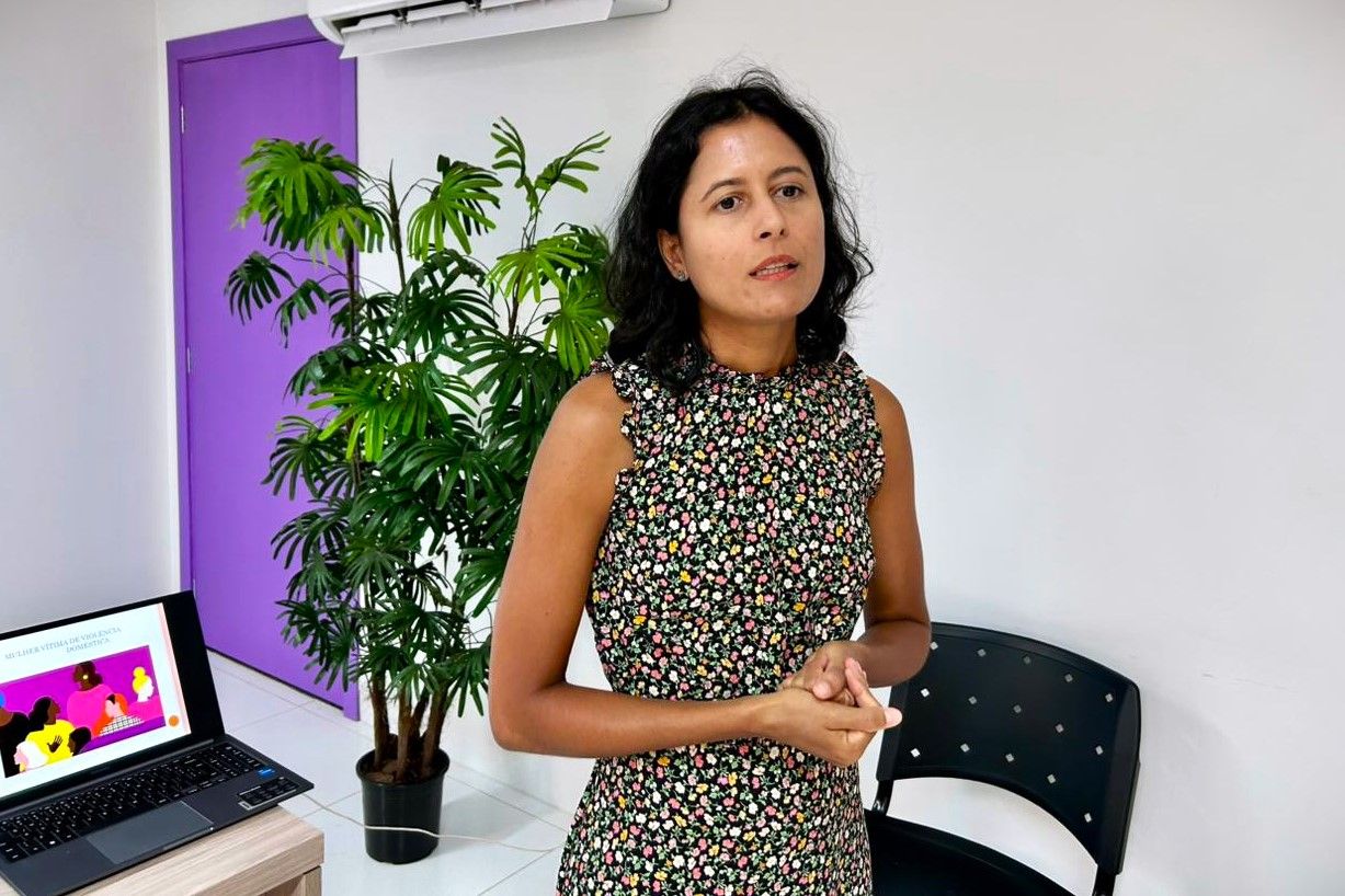 A defensora pública Téssia Carneiro apresentou vários casos e dados sobre violência contra mulher durante sua fala.