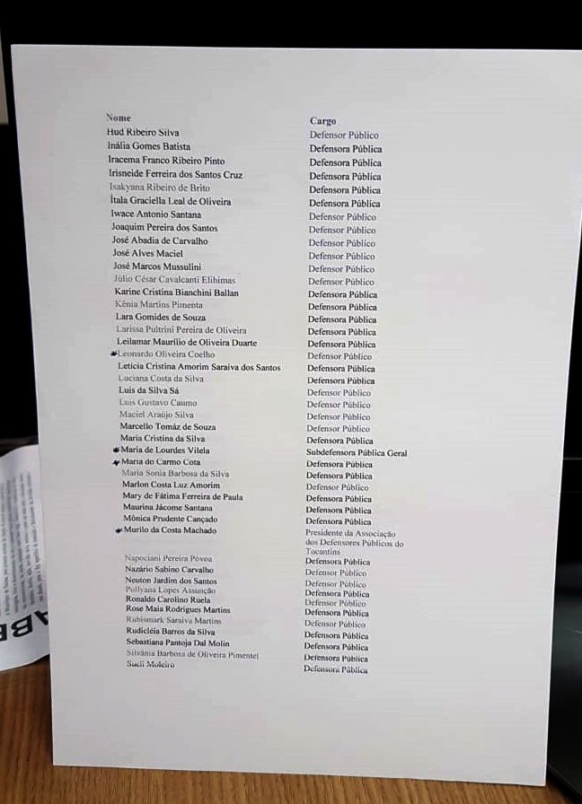 Lista de presença das defensoras e defensores públicos