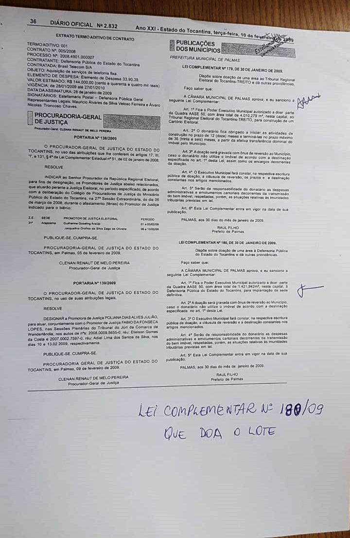 Lei Complementar nº 189/09 que autorizou a doação da área onde está a sede da DPE-TO