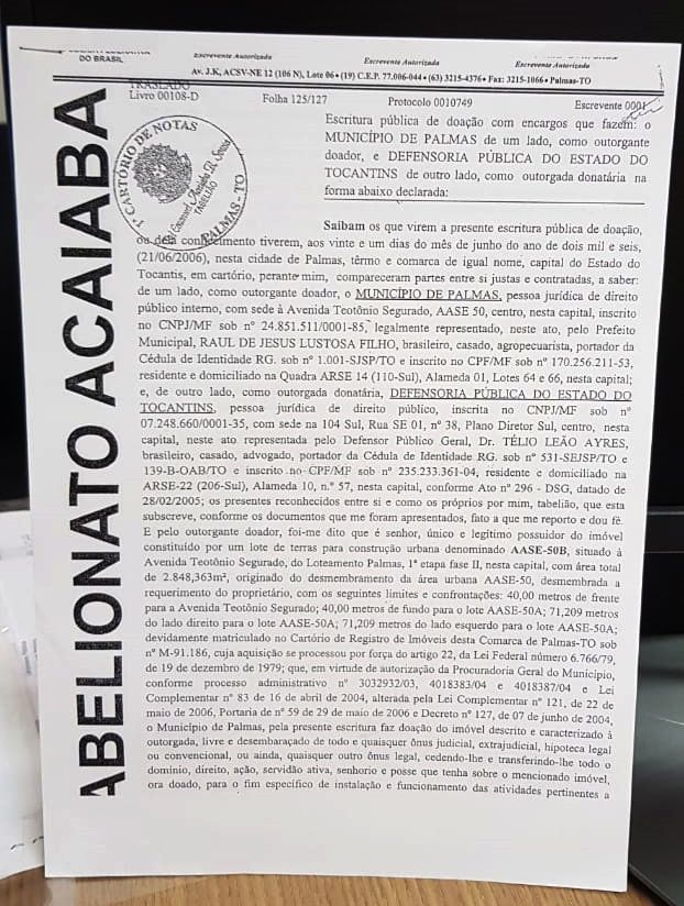 Escritura da área onde está localizada a sede da Instituição em Palmas