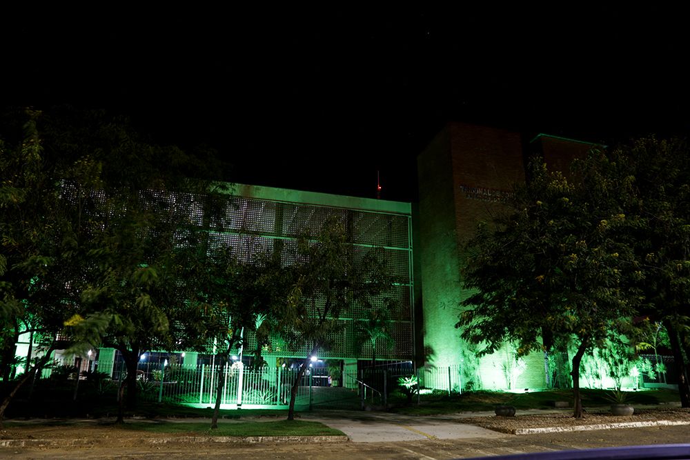 Sede do Tribunal de Contas do Estado com iluminação em referência à Defensoria