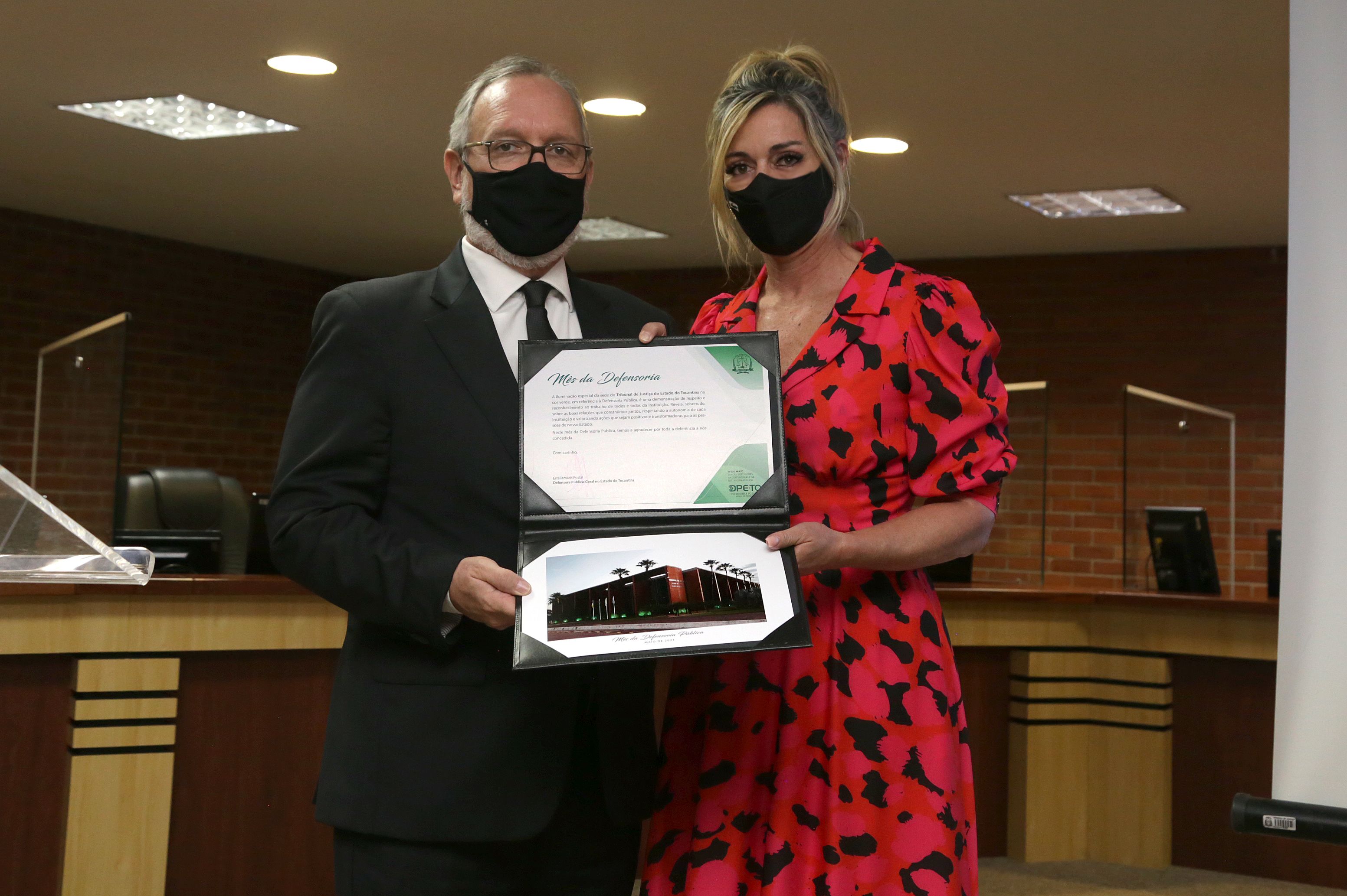 Estellamaris entregou certificado ao TJTO em deferência ao Mês da Defensoria quando a sede do Tribunal foi iluminada na cor verde
