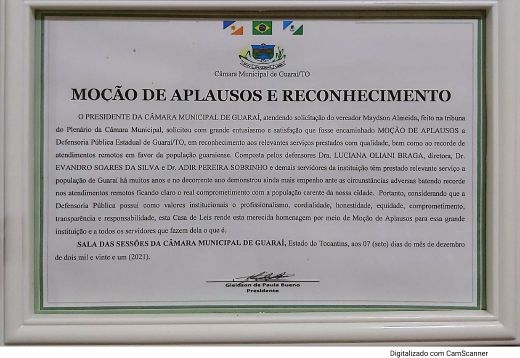 Moção de Aplausos apresentada pela Câmara Municipal de Guaraí