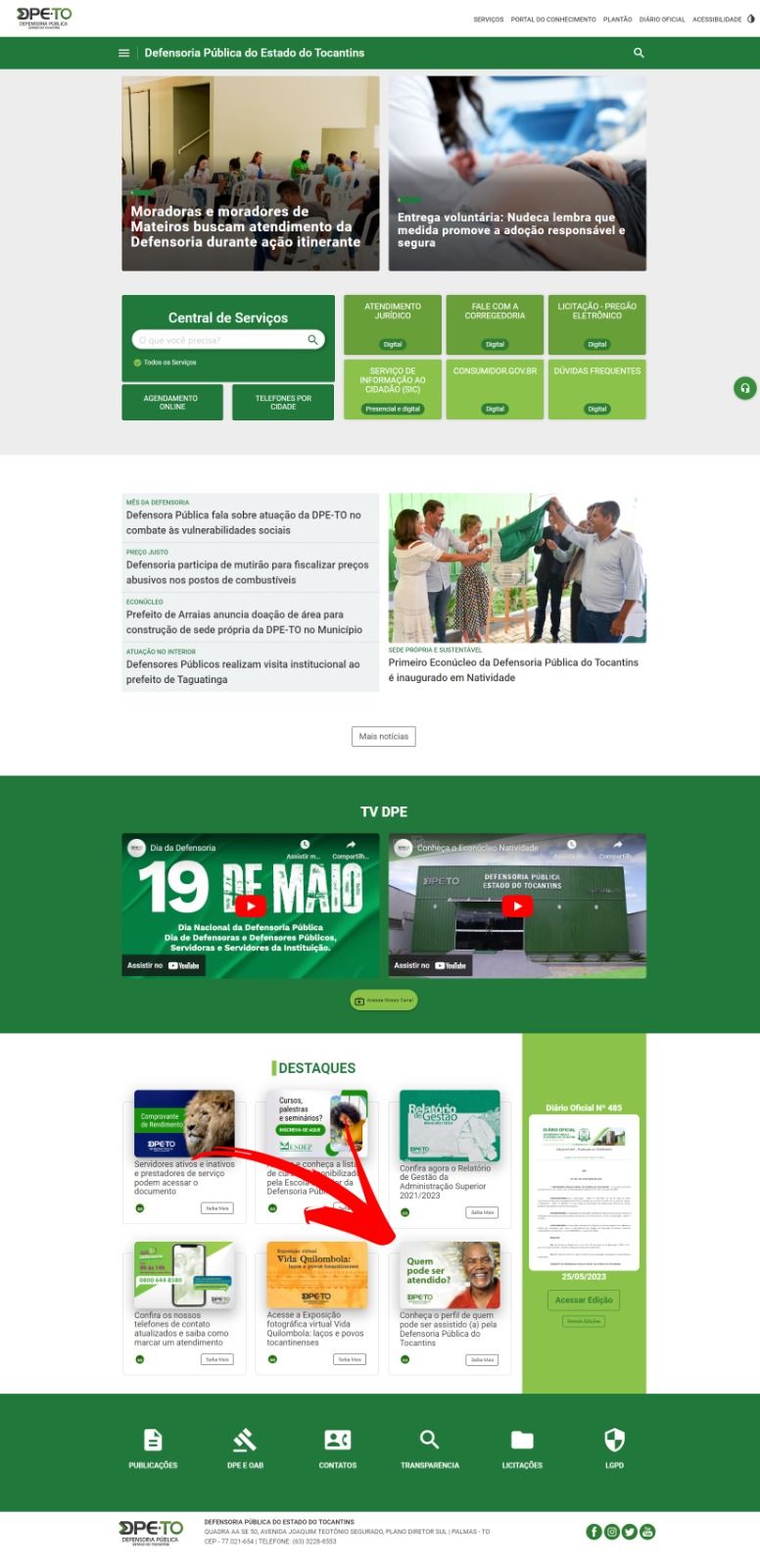 Seção fixa sobre critérios de atendimento no site da DPE-TO