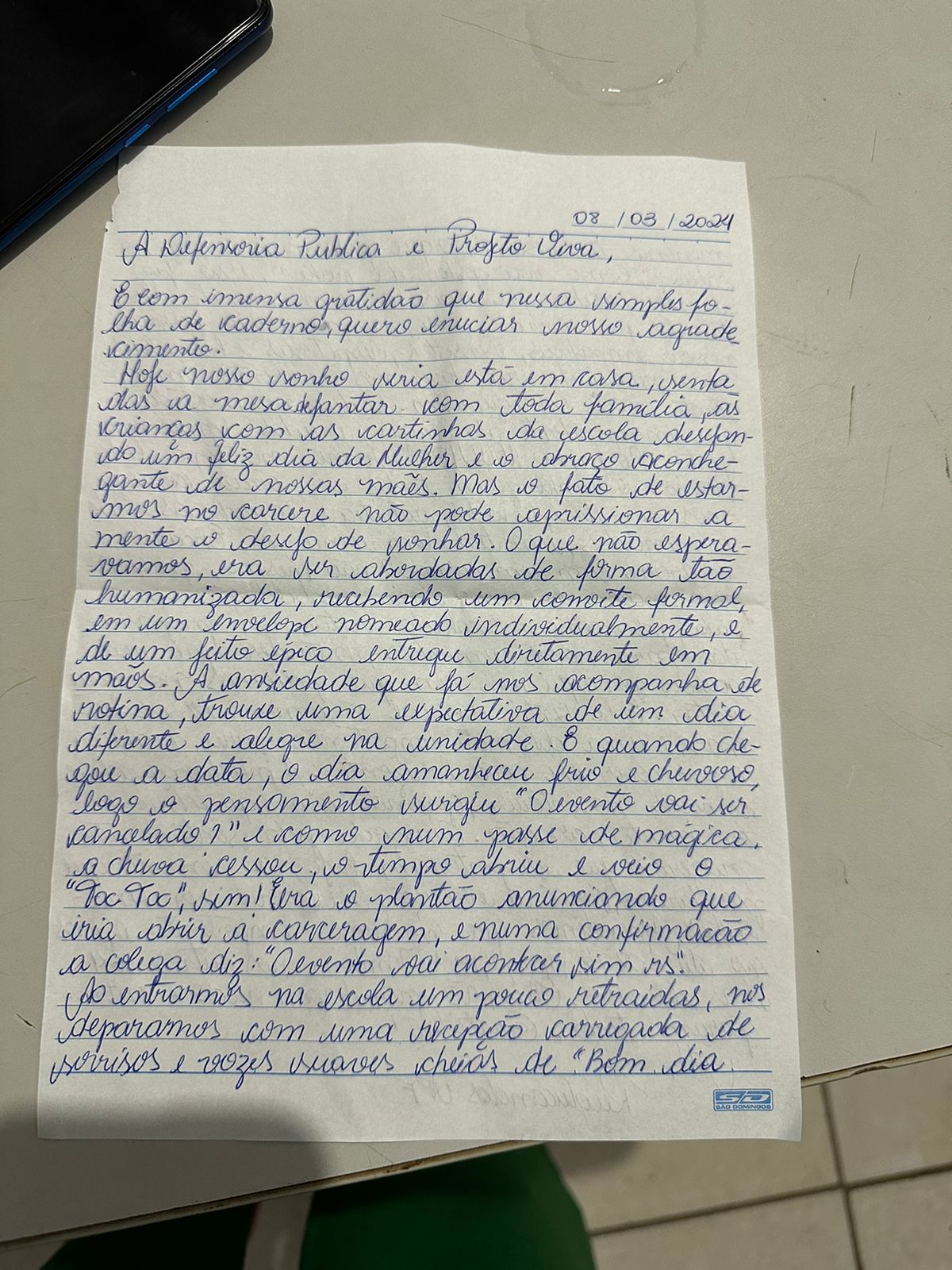 Carta produzida por uma das reeducandas atendidas na ação