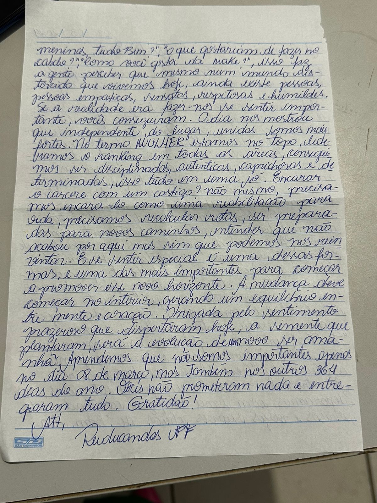 Segunda parte da carta escrita pela reeducanda