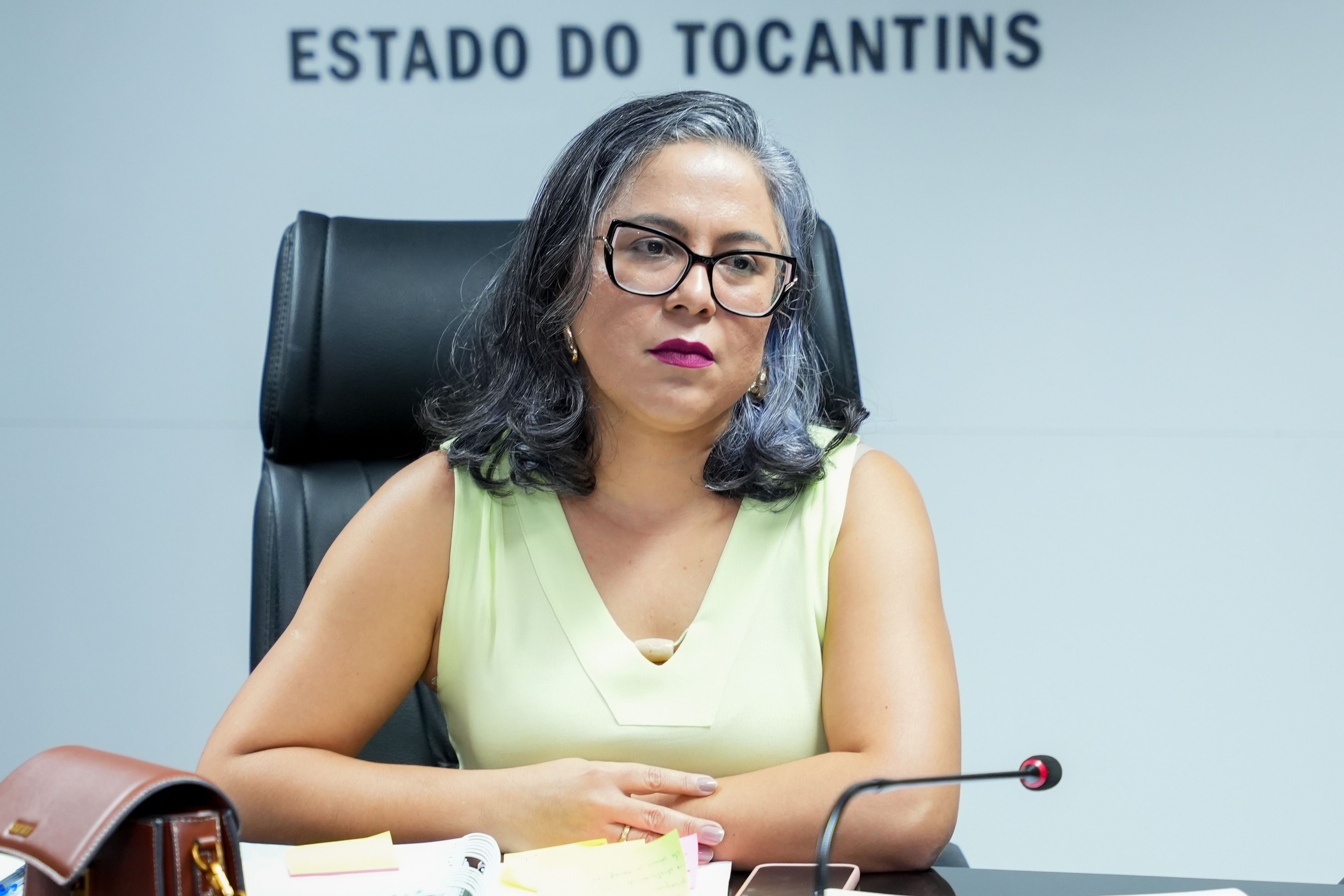 Defensora pública Kenia Martins durante reunião na sede da DPE-TO